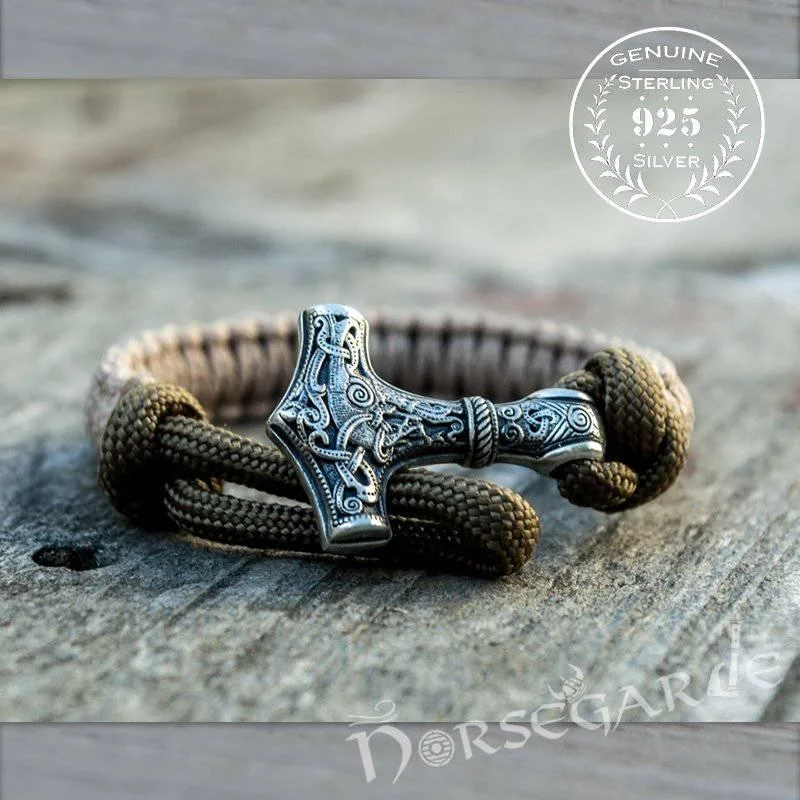 women’s bracelet with charms -Handcrafted Coyote Paracord Bracelet with Mjölnir - Sterling Silver