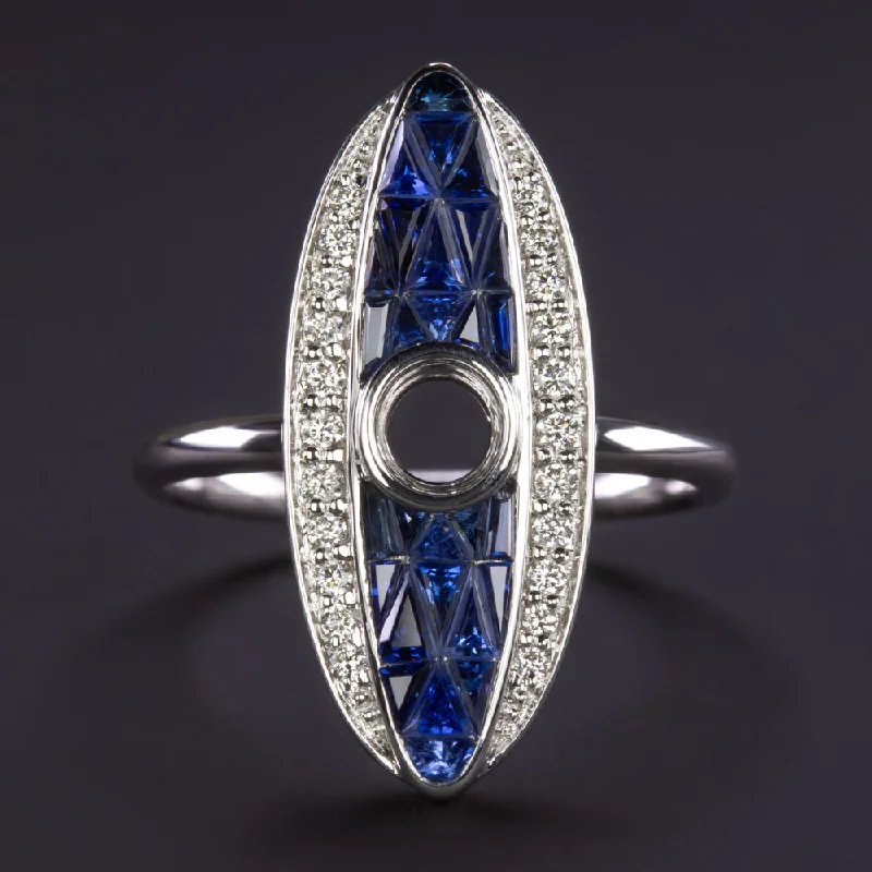 sapphire engagement rings for women -SAPPHIRE DIAMOND RING SETTING VINTAGE STYLE NAVETTE WHITE GOLD COCKTAIL MOUNT