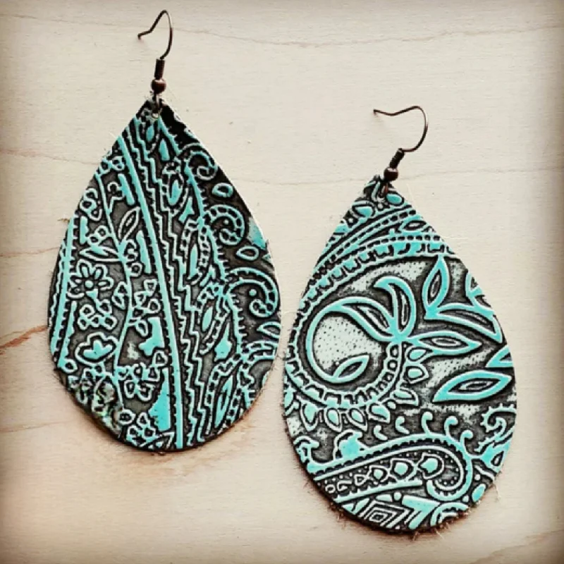 chic earrings for women -Leather Teardrop Earring-Turquoise Paisley