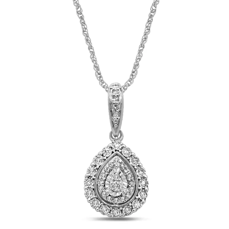 stacked necklaces for women -Double Pear Halo Necklace with 1/5ct of Diamonds in 9ct White Gold