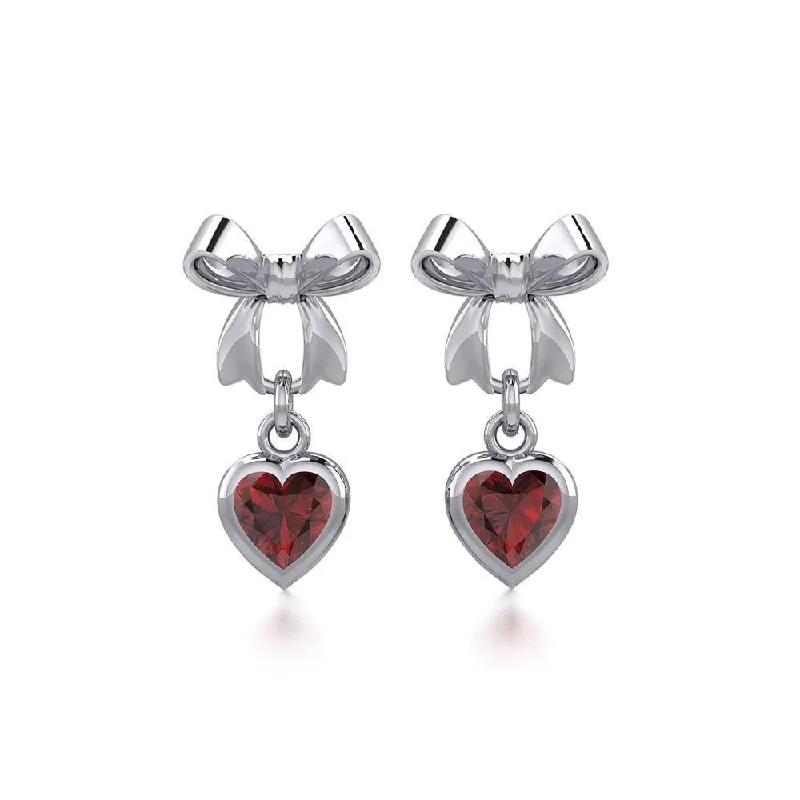 sapphire earrings for women -Ribbon Sterling Silver Post Earrings with Dangling Gemstone Heart TER1858