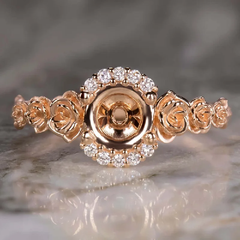 pear cut engagement rings for women -FLORAL NATURAL DIAMOND RING SETTING 14K ROSE GOLD FLOWER ENGAGEMENT SEMI MOUNT