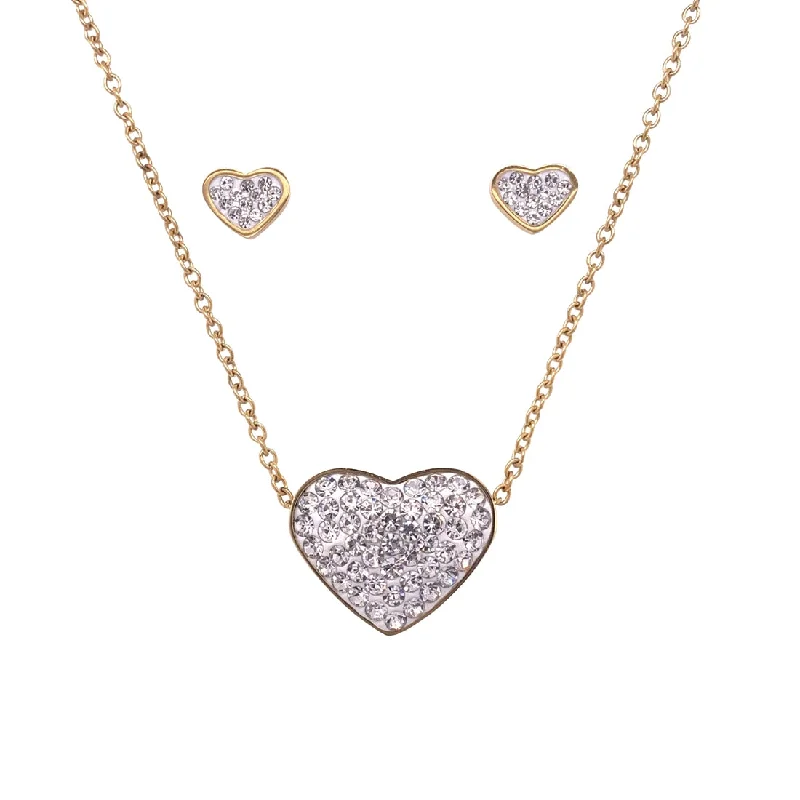 gold pendant necklaces for women -Yellow Stainless Steel Crystal Heart Necklace & Earrings Set