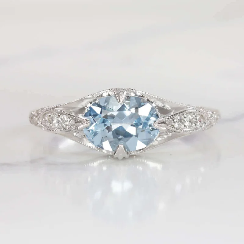 simple diamond engagement rings -1ct NATURAL AQUAMARINE DIAMOND RING OVAL VINTAGE STYLE WHITE GOLD BLUE EAST WEST