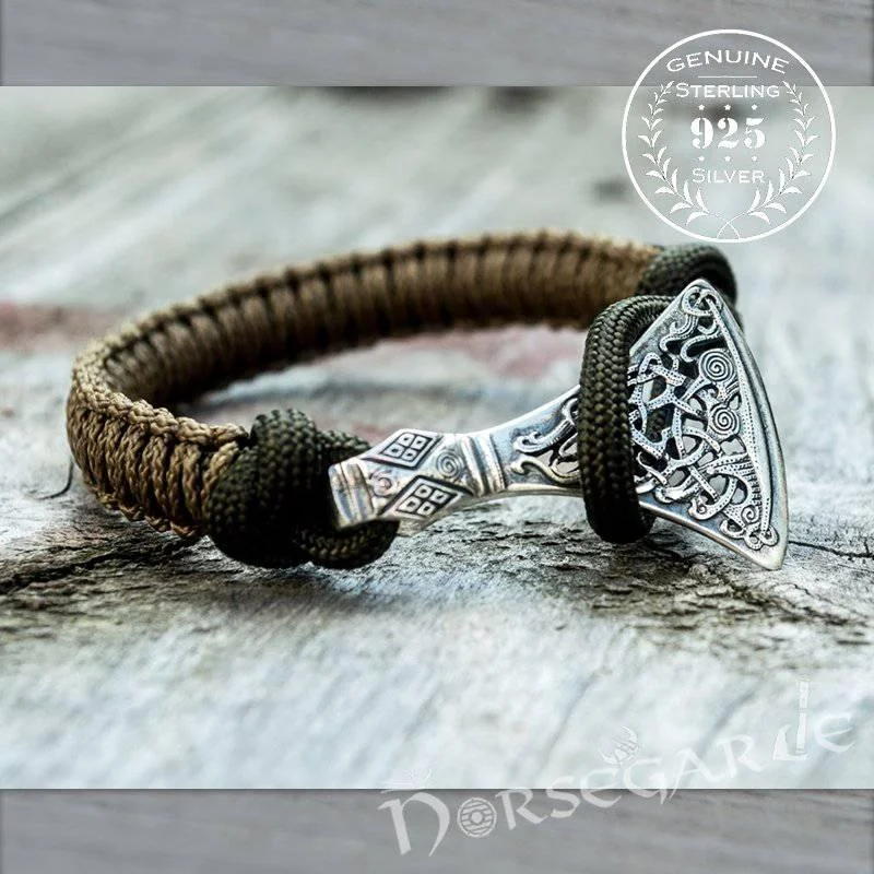 sterling silver bangles for women -Handcrafted Coffee Paracord Bracelet with Axe Head - Sterling Silver