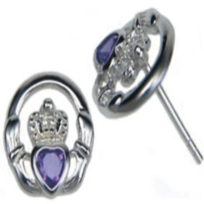 women’s diamond stud earrings -Claddagh Cubic Zirconia Amethyst Earrings - Sterling Silver