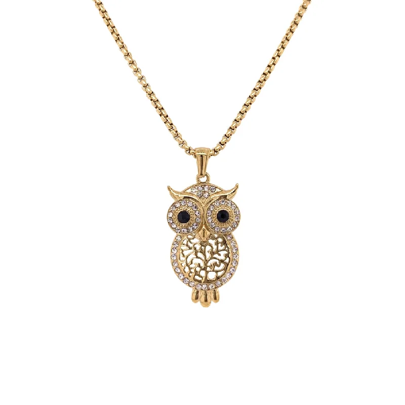 silver chain necklaces for women -Yellow Stainless Steel Crystal Owl Necklace