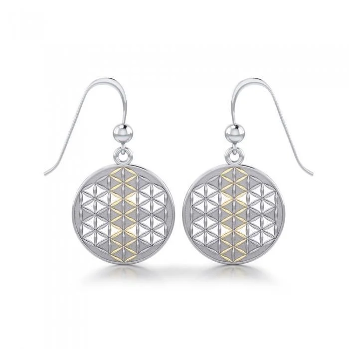 women’s designer earrings -Flower of Life Mandala Sterling Silver with 14K Gold Accent Earrings MER514