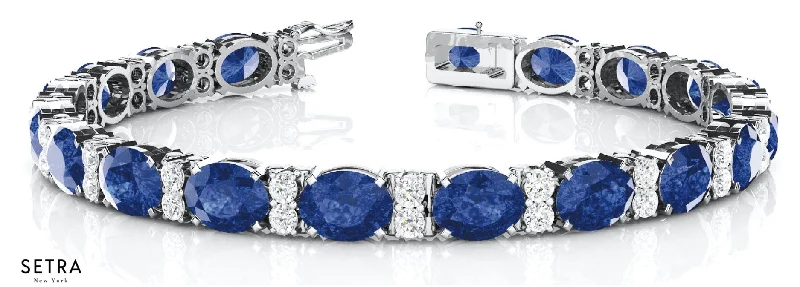 bracelet sets for women -Total 13.56ct Oval Cut Natural Genuine Sapphire & Diamonds Bracelet In 14k Gold