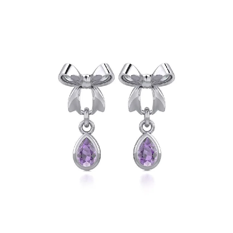 gemstone stud earrings for women -Ribbon with Dangling Teardrop Gemstone Silver Post Earrings TER1859