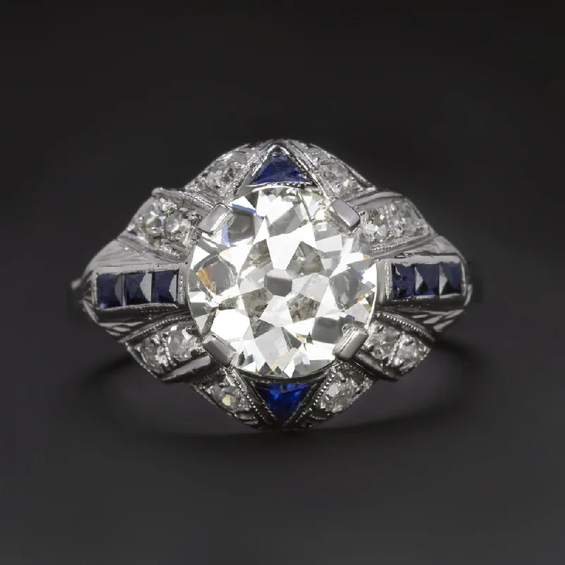 radiant engagement rings -2.26ct ART DECO H SI DIAMOND RING OLD EUROPEAN CUT PLATINUM SAPPHIRE VINTAGE