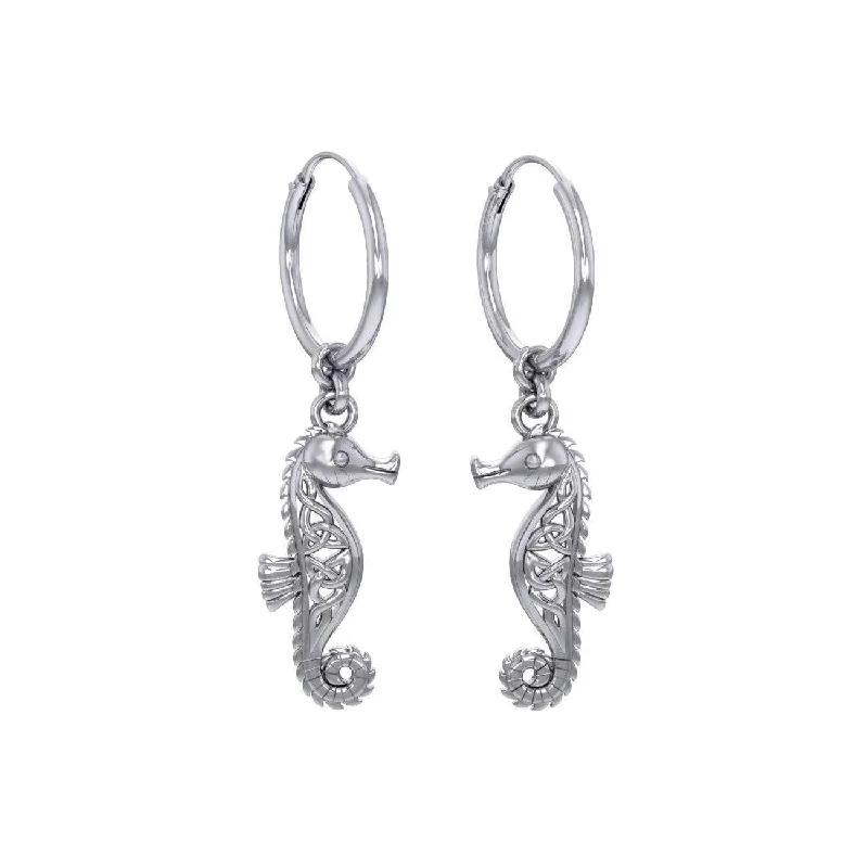 layered earrings for women -Celtic Knots Seahorse Silver Hoop Earrings TER2083