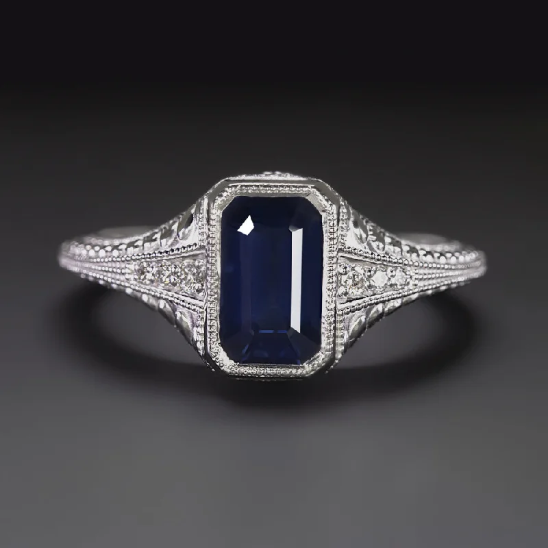 elegant diamond engagement rings -2ct VINTAGE STYLE SAPPHIRE DIAMOND RING EMERALD CUT 14k WHITE GOLD FILIGREE BLUE