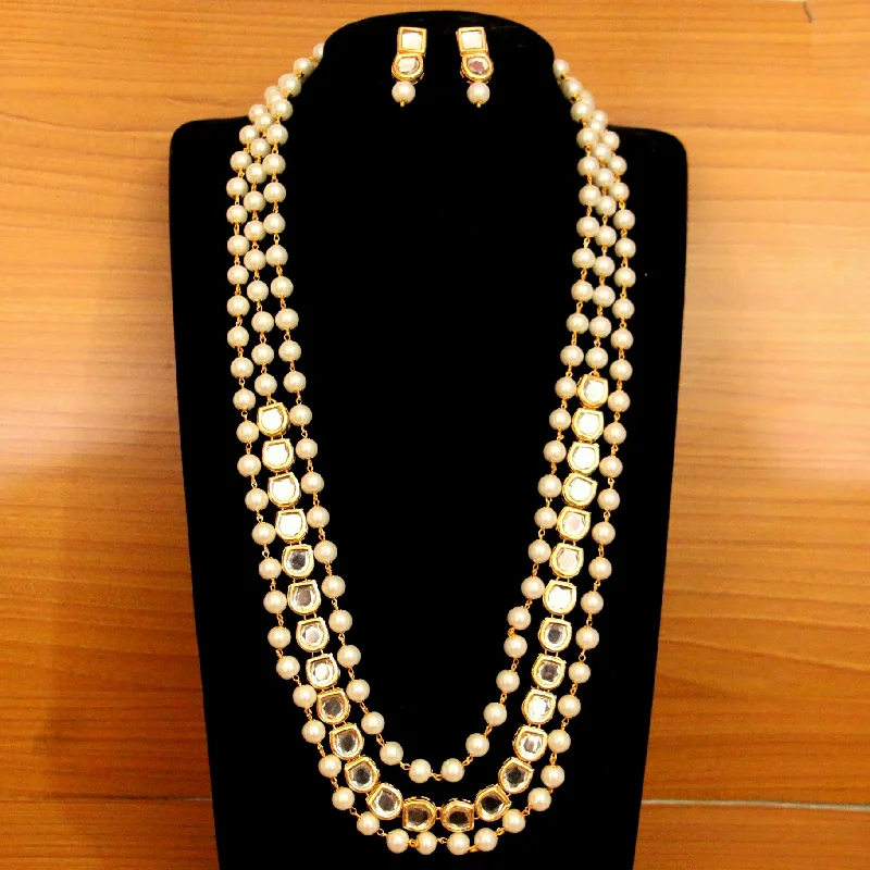 hand-crafted gold necklaces for women -Pearl Uncut Kundan Polki Long Necklace Set