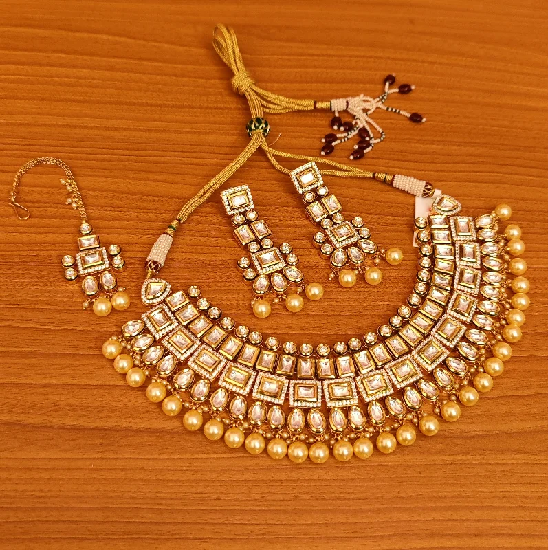 bridal shower necklaces for women -GORGEOUS KUNDAN & CZ STUDDED PEARL SEMI BRIDAL NECKLACE SET