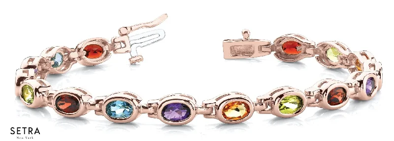 women’s cuff bracelets -Oval Cut Natural Mix Color Stones Women's Bridal Fancy Solid Bracelet In 14k Gold