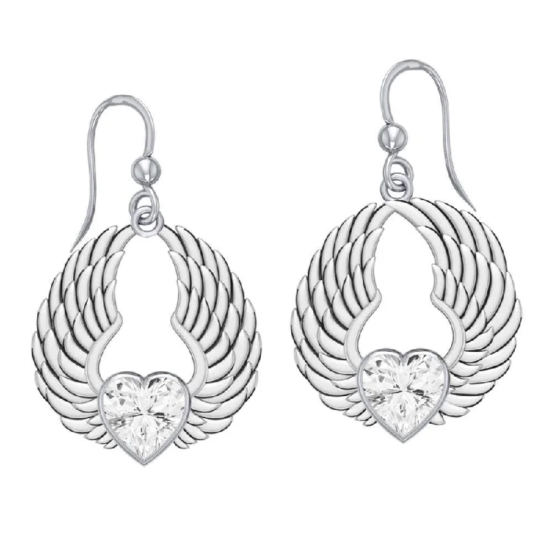 crystal earrings for women -Gemstone Heart and Angel Wings Silver Earrings TER1742