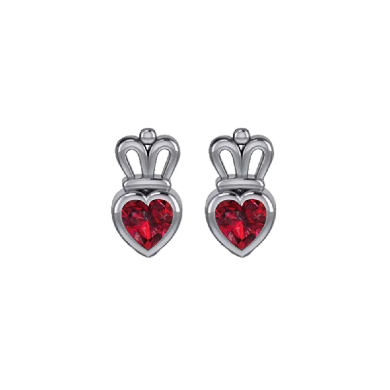 gemstone stud earrings for women -Gemstone Heart With Crown Silver Post Earrings TER2181