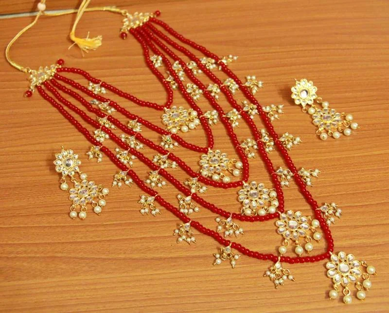 fashion necklaces for women -Red Kundan & Pearl 5 Line Necklace Set