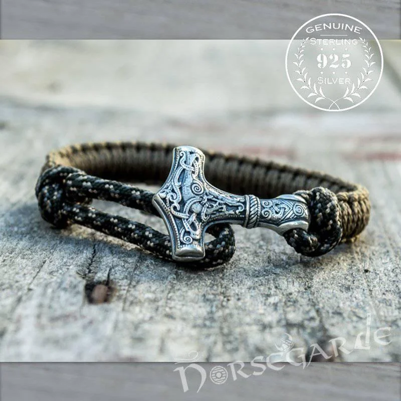 women’s silver bangles -Handcrafted Bark Paracord Bracelet with Mjölnir - Sterling Silver