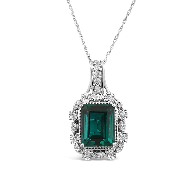 long necklaces for women -Created Emerald Necklace with 1/5ct of Diamonds in 9ct White Gold