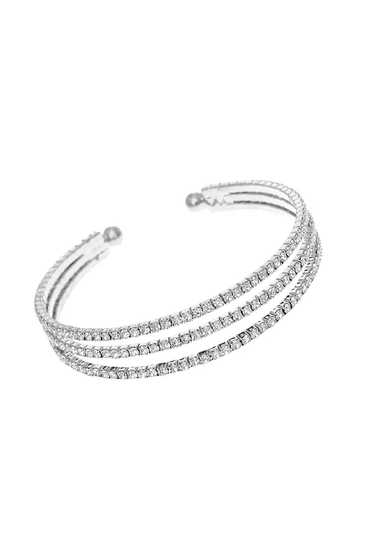 stylish bangles for women -Silver Three Row Rhinestone Open Bracelets