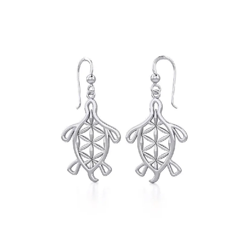 classic earrings for women -Turtle with Flower of Life Shell Silver Earrings TER1784