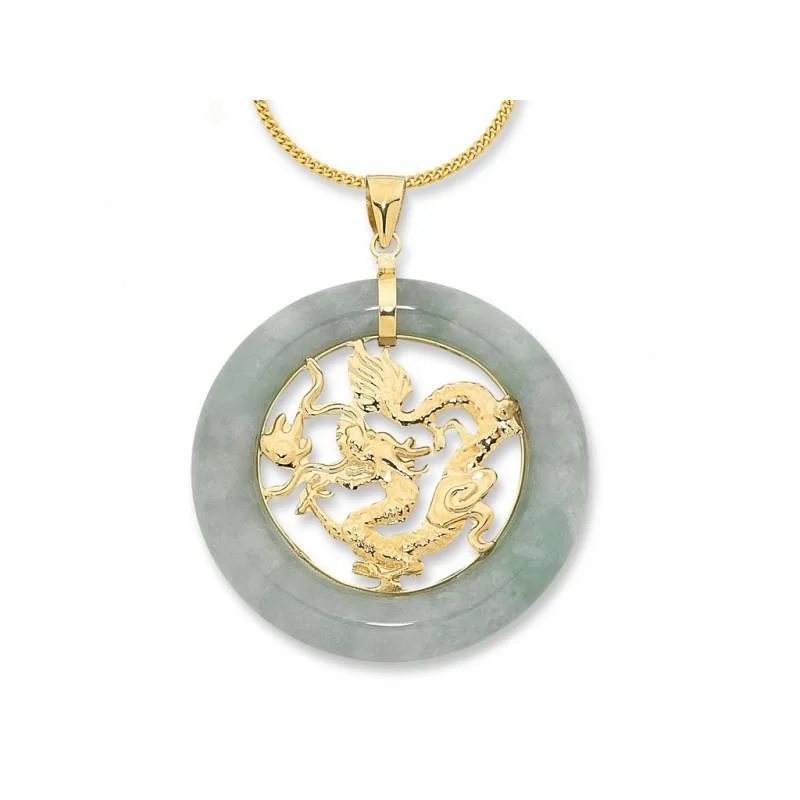 pearl necklaces for women -9ct Yellow Gold Jade with Dragon Centre Necklace