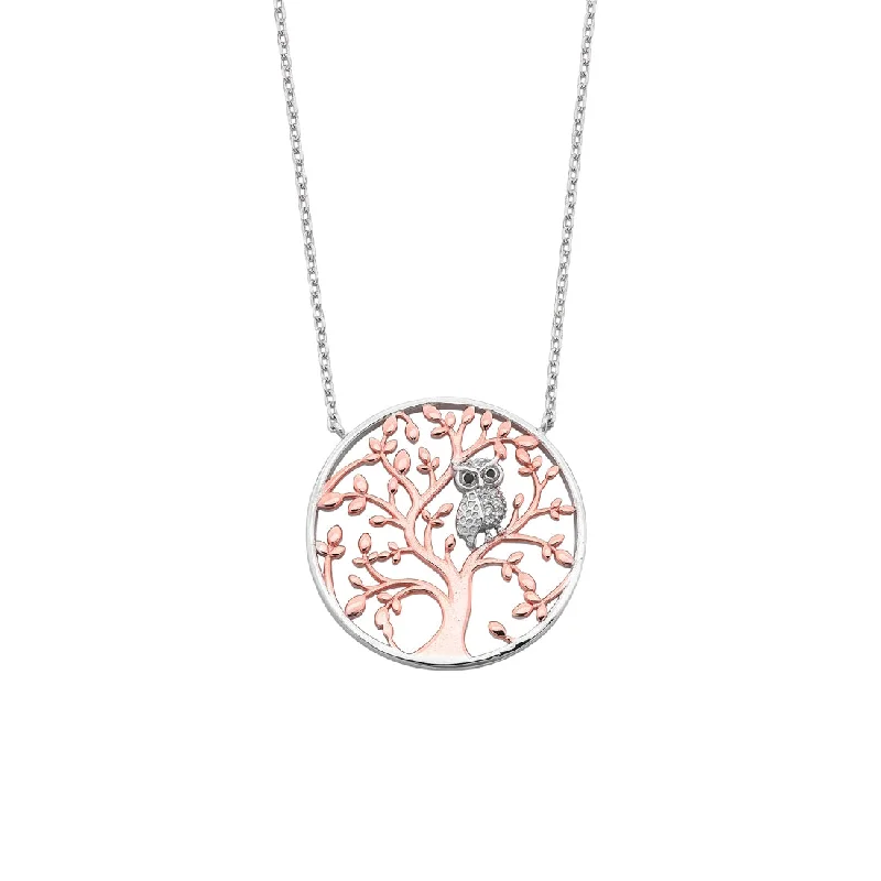 heart-shaped pendant necklaces for women -Sterling Silver Rose Plated Tree of Life with Owl Necklace