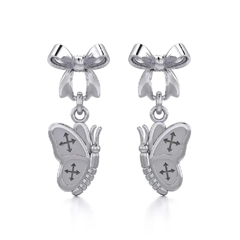 fashion earrings for women -Ribbon with Dangling Butterfly Silver Post Earrings TER1870