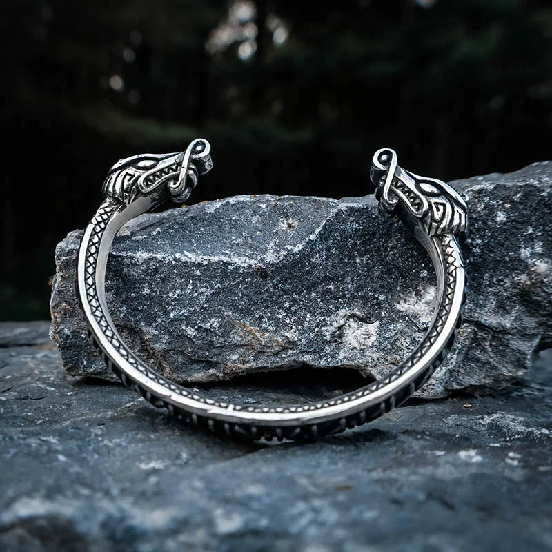 silver chain bracelets for women -Runic Nidhoggr Dragon Torc Bracelet - Stainless Steel