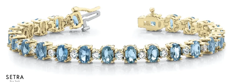 affordable bangles and bracelets for women -Round Cut Natural Diamonds & Blue Topaz Women Bridal Fancy Solid Bracelet In 14k Gold