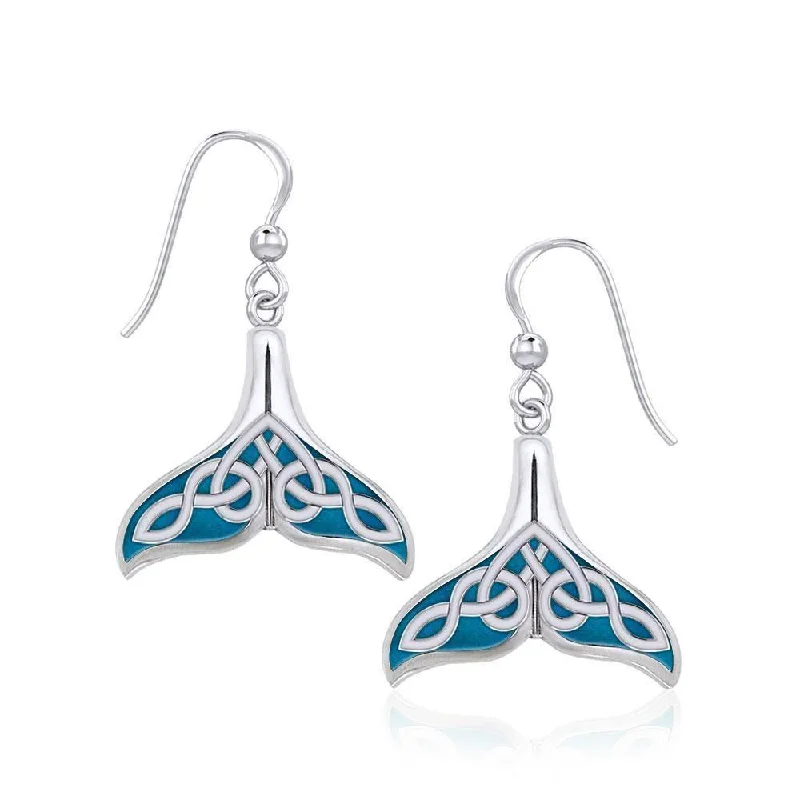 silver stud earrings for women -Celtic Whale Tail Silver Earrings with Enamel TER1931