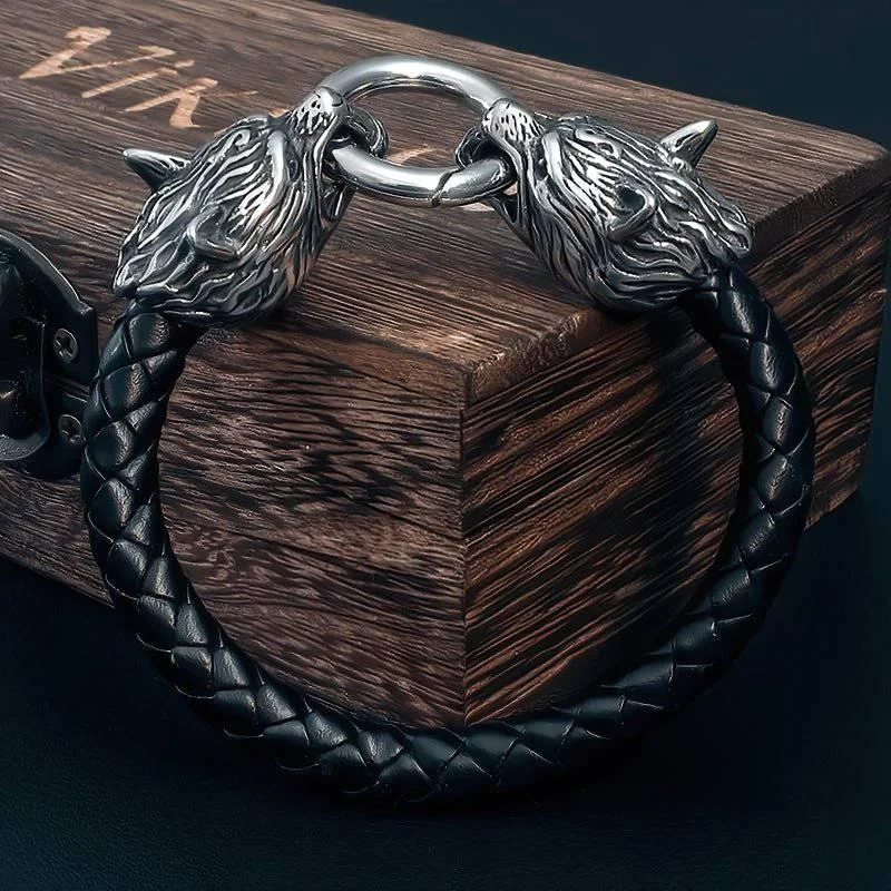 wedding bangles for women -Odin's Wolves Leather Bracelet - Stainless Steel