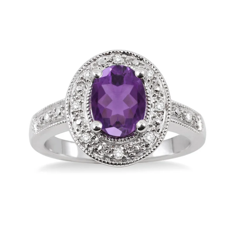 modern gold engagement rings -Sterling Silver 8x6mm Oval Cut Amethyst and 1/20 Carat Diamond Ring