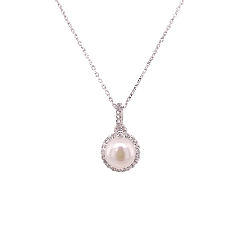 geometric necklaces for women -Sterling Silver Shell Pearl Cubic Zirconia Necklace