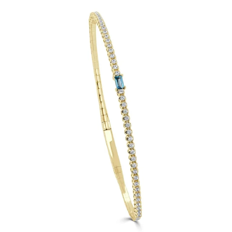 women’s engraved bangles -14K Gold Blue Topaz Birthstone & Diamond Bangle