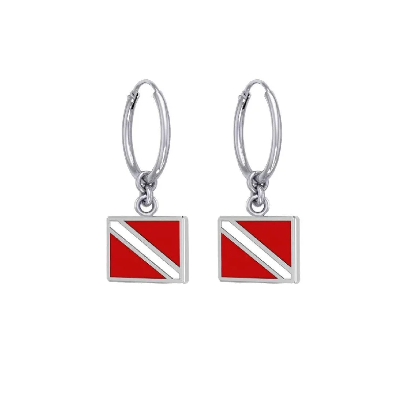 matching earrings for women -Divers Down Flag Sterling Silver Hoop Earring TER2086