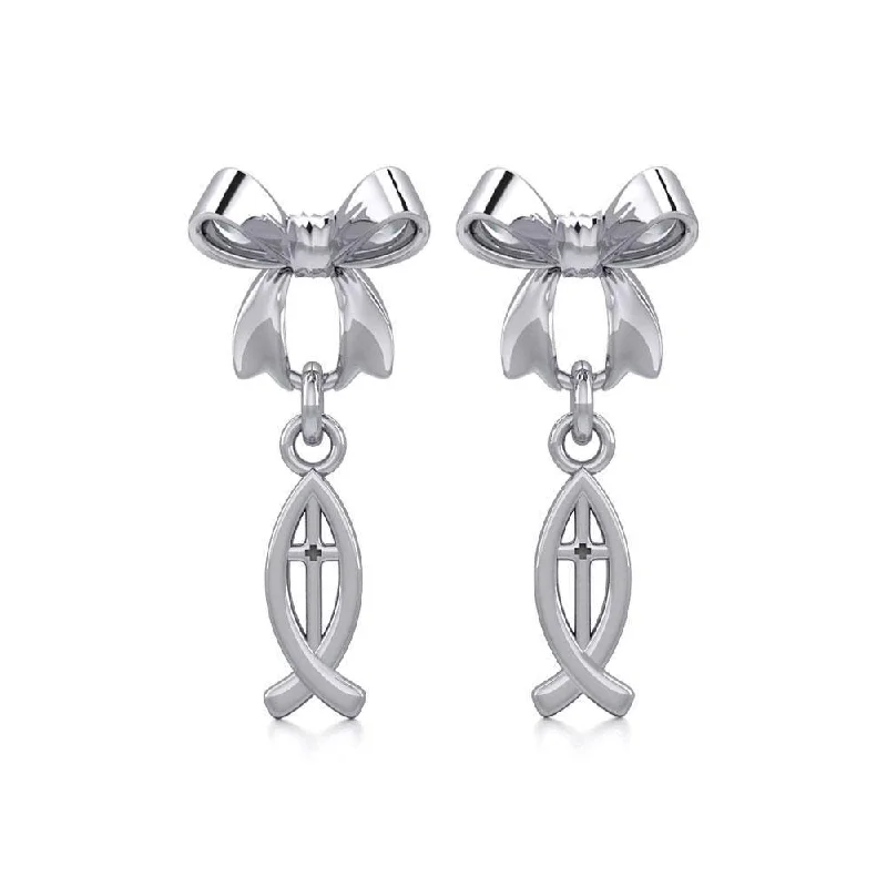 statement earrings for women -Ribbon with Dangling Christian Fish Silver Post Earrings TER1869