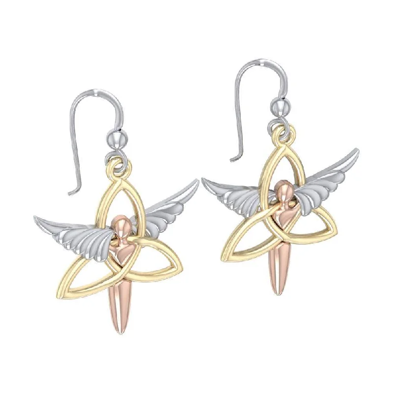 silver hoop earrings for women -Trinity Angel Wing Three Tone Earrings OER1074