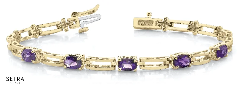 bridal bangles for women -OVAL AMETHYST OPEN LINK BRACELET YELLOW 14K GOLD