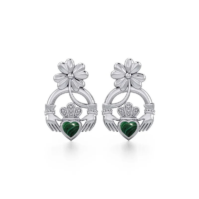 dangling gold earrings for women -Lucky Four Leaf Clover on Claddagh Silver Post Earrings with stone TER1849