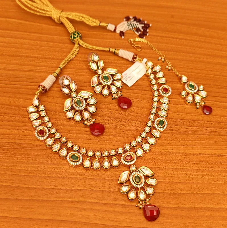 gemstone necklaces for women -RUBY & EMERALD STONE STUDDED SEMI BRIDAL LOOK NECKLACE SET