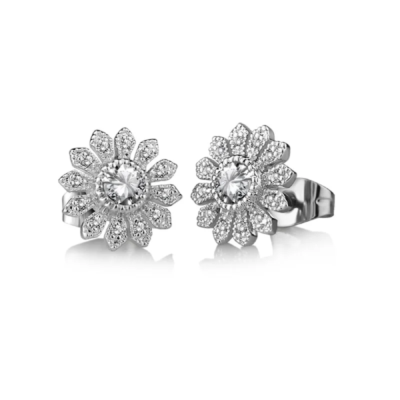 elegant hoop earrings for women -Clear Stone Flower Earrings - Sterling Silver