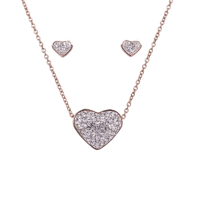 unique necklaces for women -Rose Stainless Steel Crystal Heart Necklace & Earrings Set