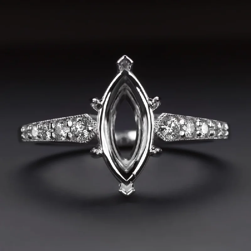 gemstone engagement rings for women -MARQUISE SHAPE DIAMOND RING SETTING VINTAGE STYLE WHITE GOLD ENGAGEMENT MOUNT