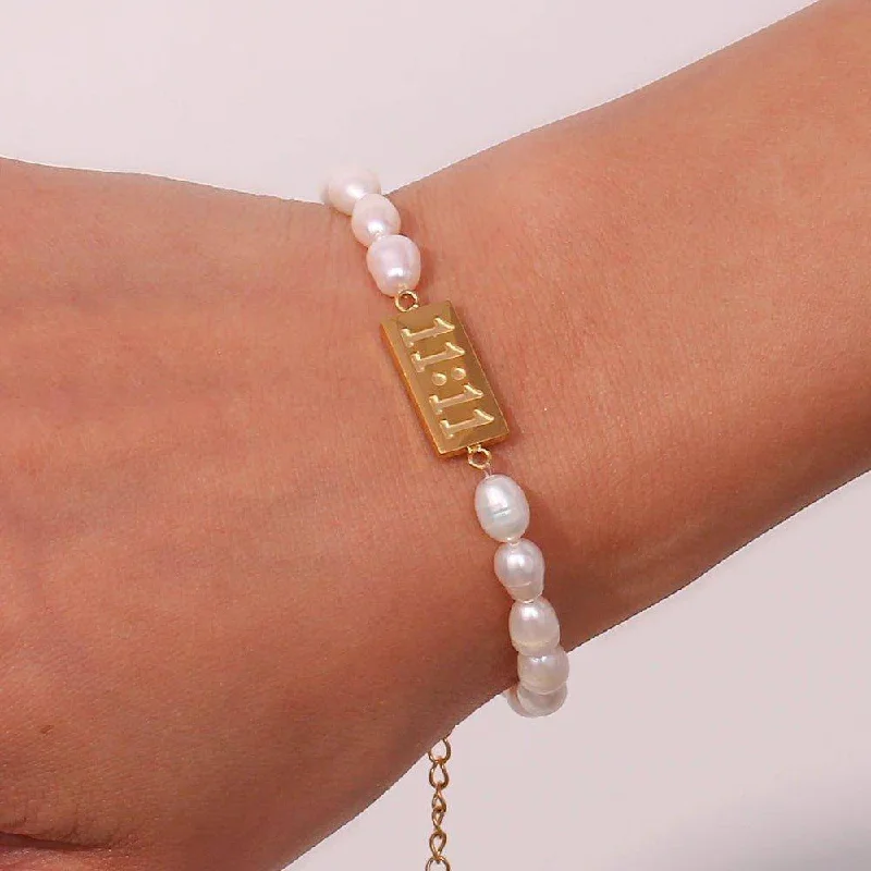 women’s braided bracelets -11:11 Angel Number Charm Faux Pearl Tarnish Free Bracelet