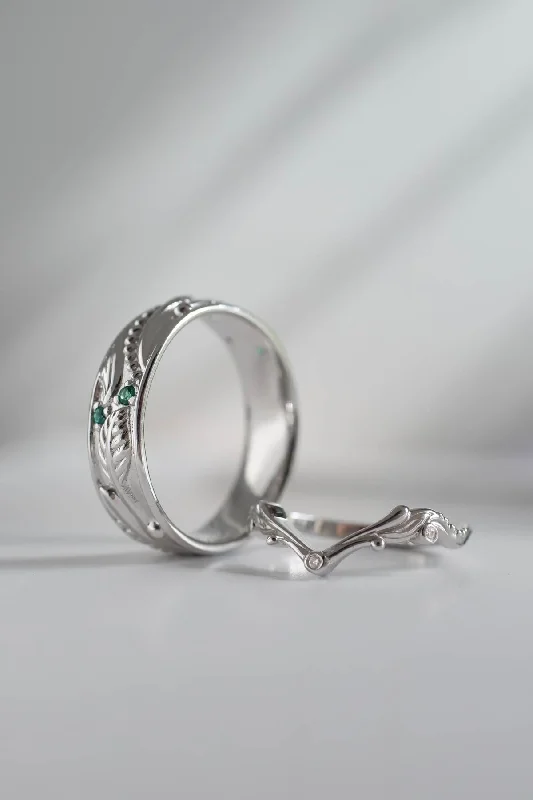 large solitaire engagement rings -Wedding rings set for couples: white gold emerald band for him, chevron ring for her/ Callisto