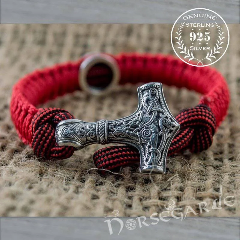 engraved bracelets for women -Handcrafted Red Paracord Bracelet with Mjölnir and Rune - Sterling Silver