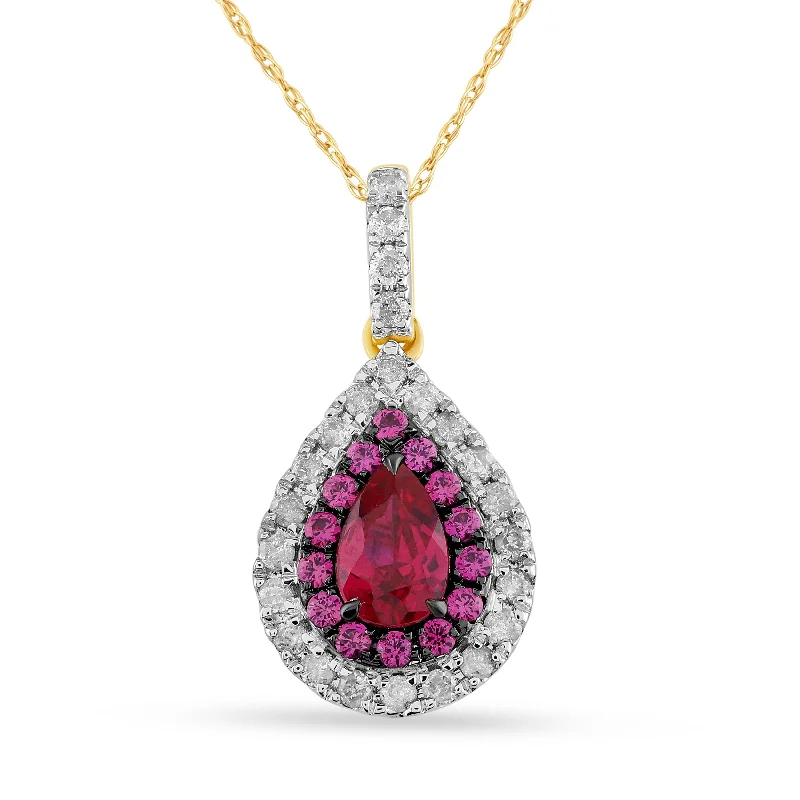 modern necklaces for women -Created Pear Ruby Necklace with 1/5ct of Diamonds in 9ct Yellow Gold